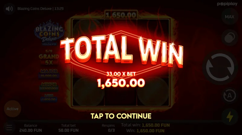 Blazing Coins Deluxe Respin-Gesamtgewinn